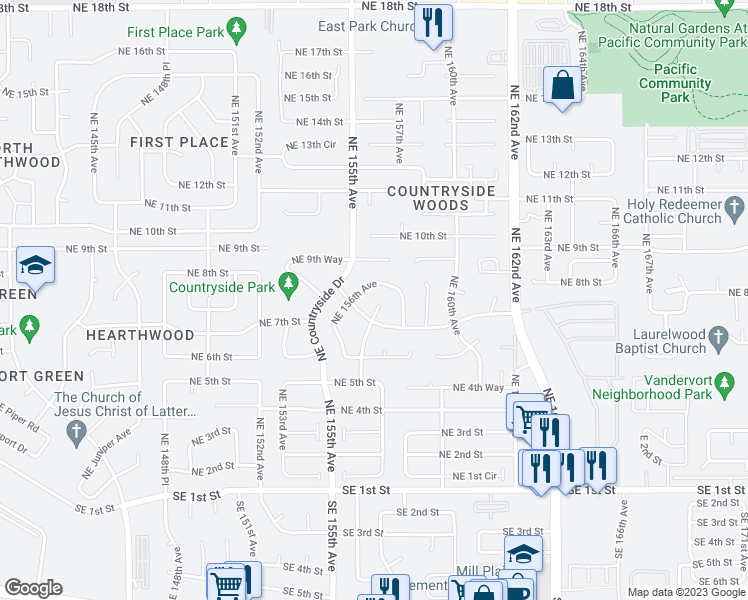 map of restaurants, bars, coffee shops, grocery stores, and more near 710 Northeast 157th Court in Vancouver