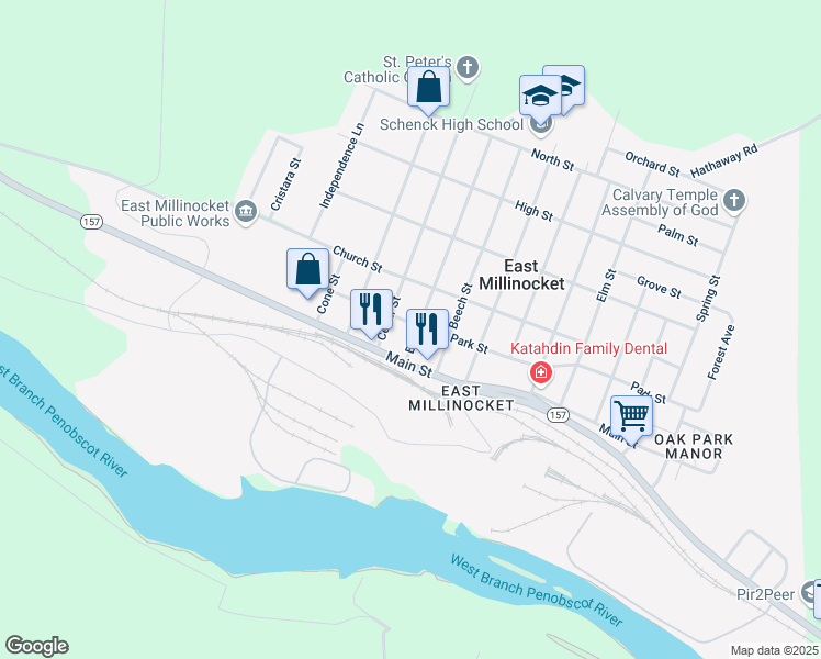 map of restaurants, bars, coffee shops, grocery stores, and more near 12 Birch Street in East Millinocket
