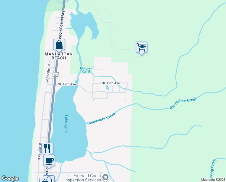 map of restaurants, bars, coffee shops, grocery stores, and more near 1018 Northeast Charlotte Street in Rockaway Beach
