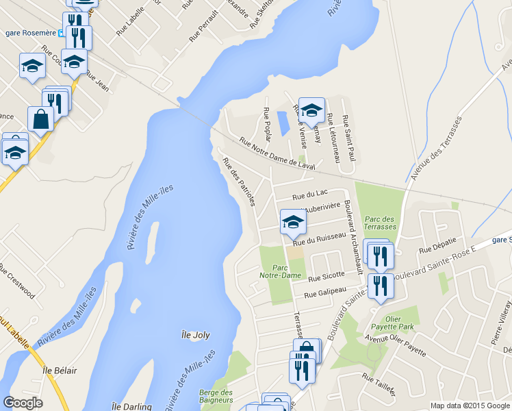 map of restaurants, bars, coffee shops, grocery stores, and more near 188 Rue des Patriotes in Laval