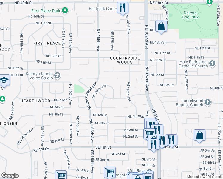 map of restaurants, bars, coffee shops, grocery stores, and more near 718 Northeast 158th Avenue in Vancouver