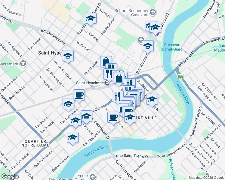 map of restaurants, bars, coffee shops, grocery stores, and more near 1130 Hotel de Ville Avenue in Saint-Hyacinthe