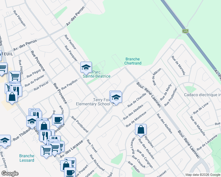 map of restaurants, bars, coffee shops, grocery stores, and more near 770 Rue Pellerin in Laval