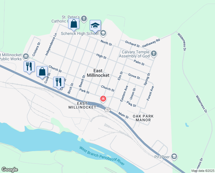 map of restaurants, bars, coffee shops, grocery stores, and more near 15 Spruce Street in East Millinocket