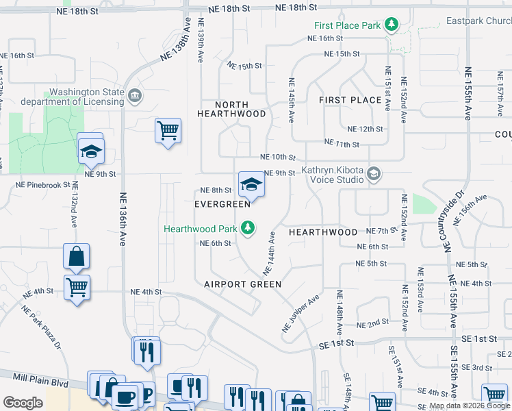 map of restaurants, bars, coffee shops, grocery stores, and more near 801 Northeast Hearthwood Boulevard in Vancouver