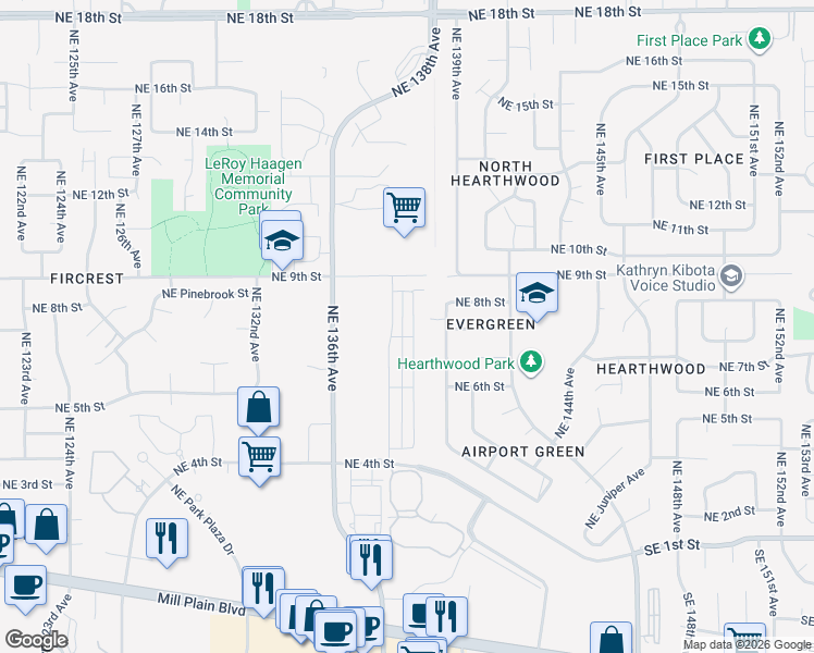map of restaurants, bars, coffee shops, grocery stores, and more near 654 Northeast 138th Place in Vancouver