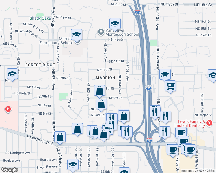 map of restaurants, bars, coffee shops, grocery stores, and more near 10502 Northeast 8th Street in Vancouver