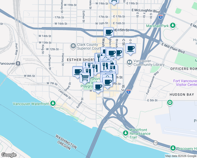 map of restaurants, bars, coffee shops, grocery stores, and more near 720 Washington Street in Vancouver