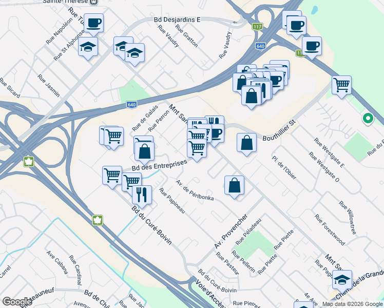 map of restaurants, bars, coffee shops, grocery stores, and more near 20 Boulevard des Entreprises in Boisbriand