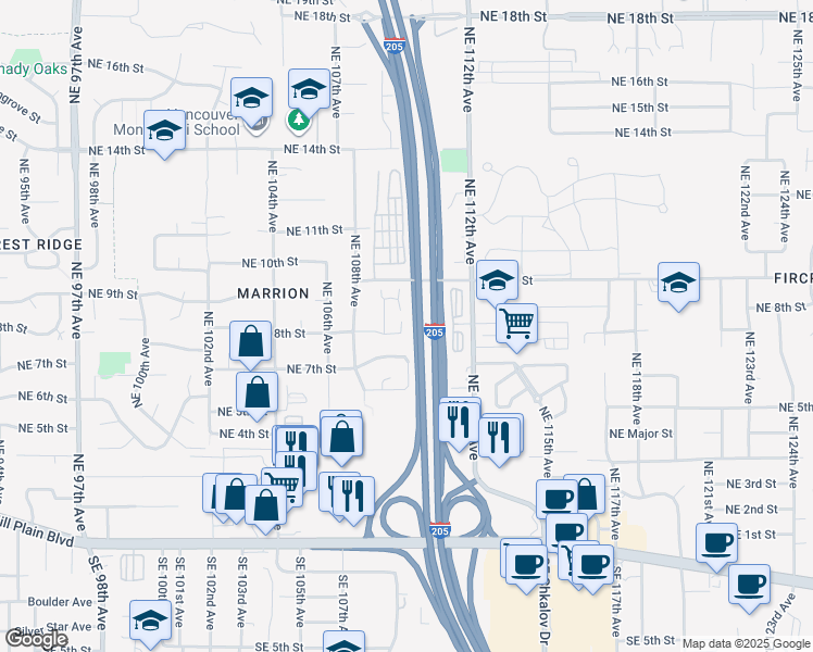 map of restaurants, bars, coffee shops, grocery stores, and more near 10914 Northeast 8th Circle in Vancouver