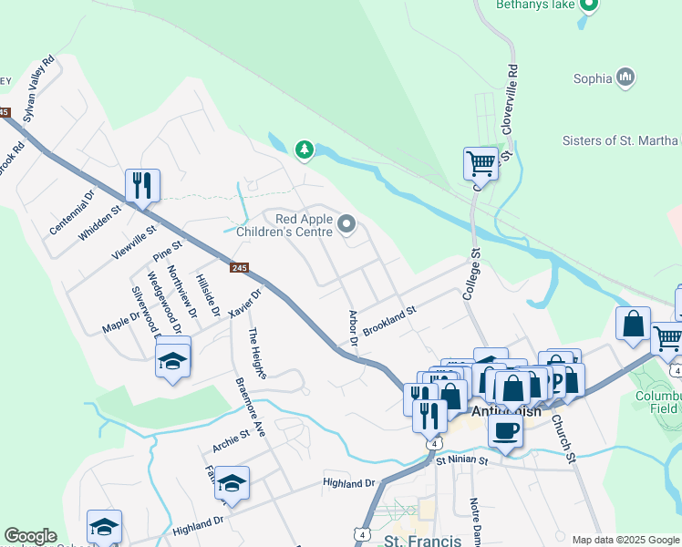 map of restaurants, bars, coffee shops, grocery stores, and more near 32 Arbor Drive in Antigonish