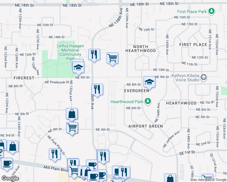 map of restaurants, bars, coffee shops, grocery stores, and more near 654 Northeast 138th Place in Vancouver