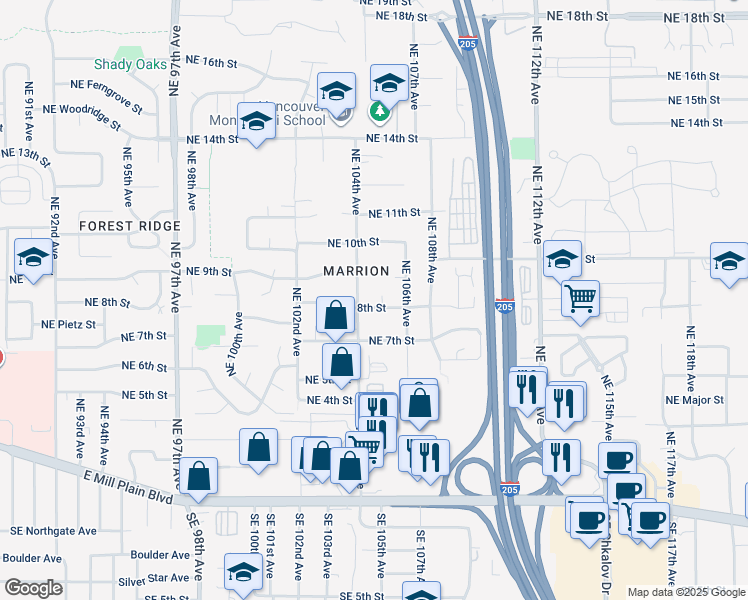 map of restaurants, bars, coffee shops, grocery stores, and more near 10502 Northeast 8th Street in Vancouver