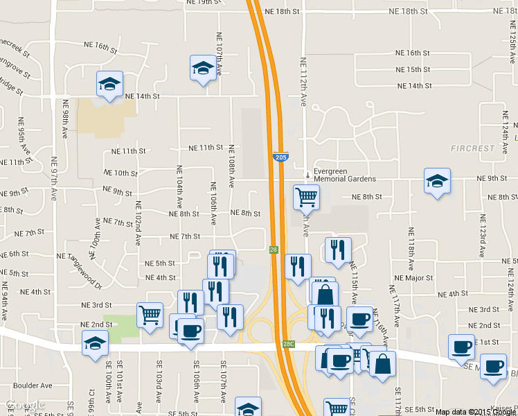 map of restaurants, bars, coffee shops, grocery stores, and more near 10908 Northeast 8th Street in Vancouver
