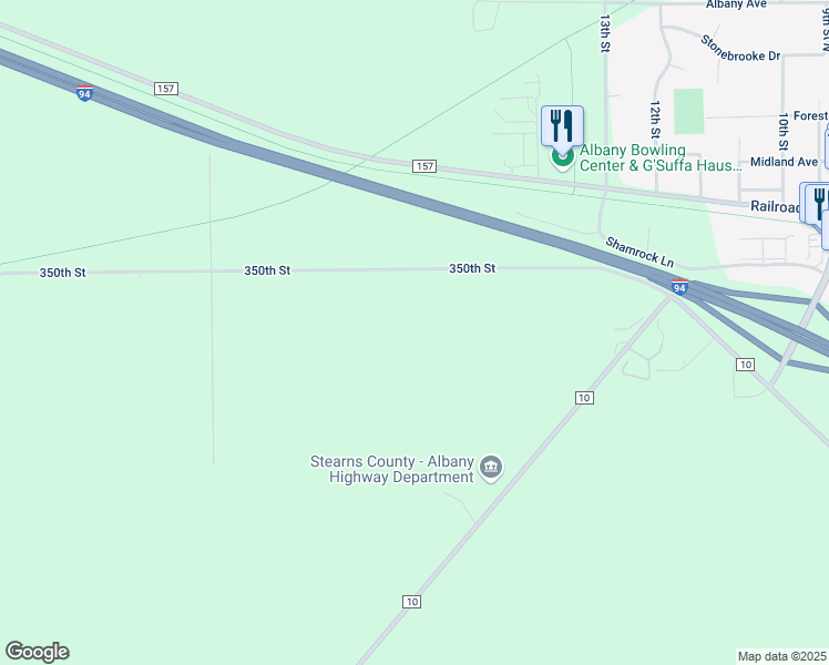 map of restaurants, bars, coffee shops, grocery stores, and more near 23247 350th Street in Albany