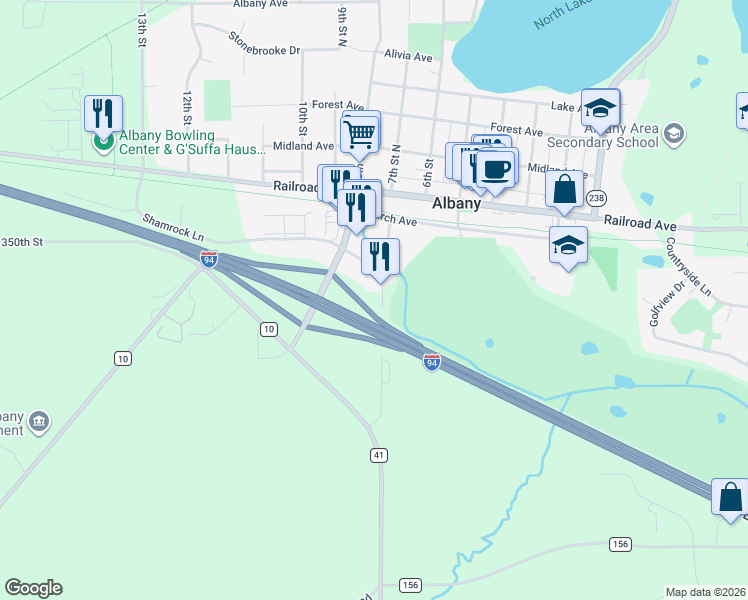 map of restaurants, bars, coffee shops, grocery stores, and more near 331 7th Street South in Albany