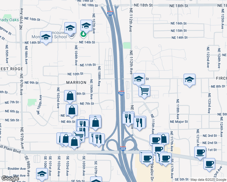 map of restaurants, bars, coffee shops, grocery stores, and more near 10912 Northeast 8th Circle in Vancouver
