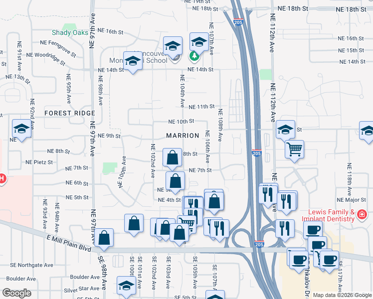 map of restaurants, bars, coffee shops, grocery stores, and more near 803 Northeast 104th Avenue in Vancouver