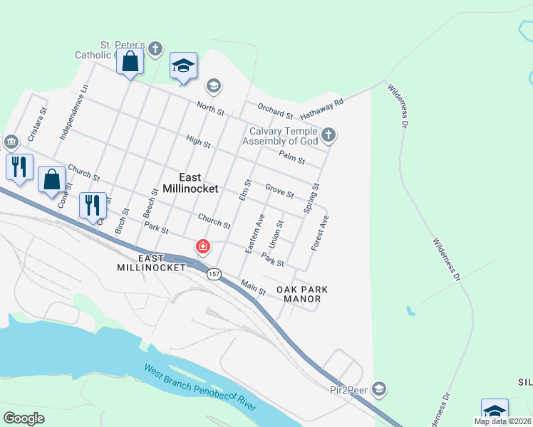 map of restaurants, bars, coffee shops, grocery stores, and more near 31 Eastern Avenue in East Millinocket
