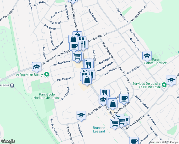 map of restaurants, bars, coffee shops, grocery stores, and more near in Laval
