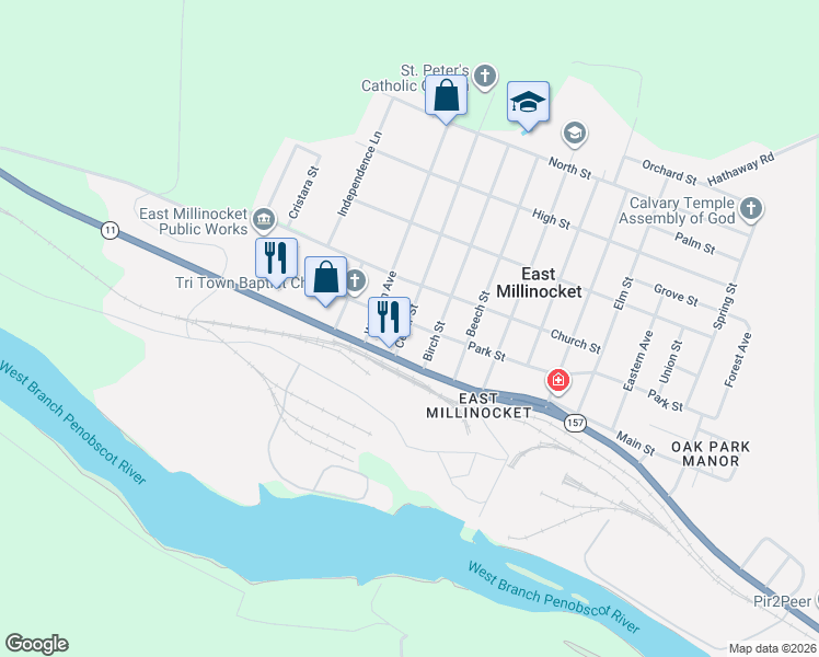 map of restaurants, bars, coffee shops, grocery stores, and more near 12 Birch Street in East Millinocket