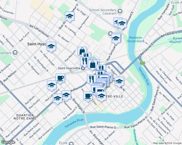 map of restaurants, bars, coffee shops, grocery stores, and more near 1095 Avenue Laframboise in Saint-Hyacinthe
