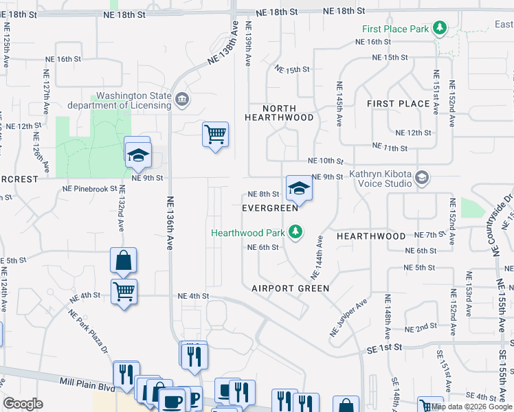 map of restaurants, bars, coffee shops, grocery stores, and more near 13906 Northeast 7th Way in Vancouver