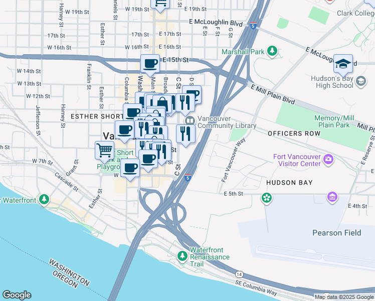map of restaurants, bars, coffee shops, grocery stores, and more near 801 C Street in Vancouver
