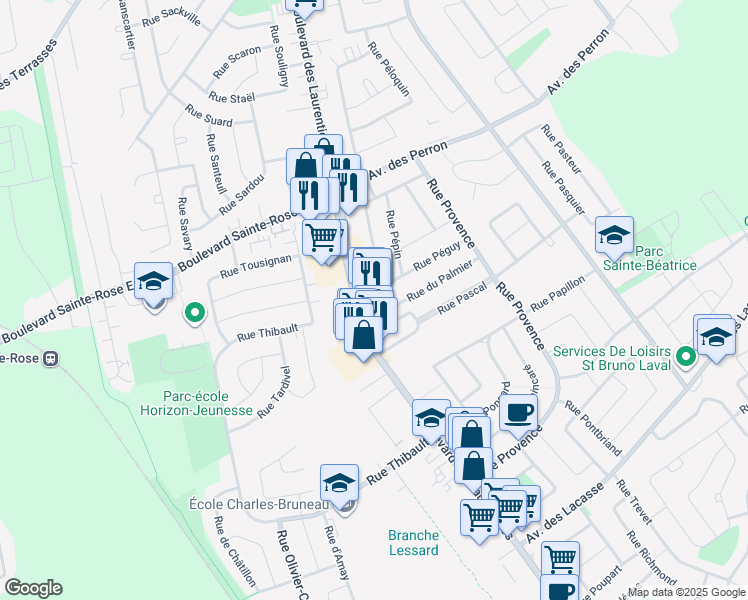 map of restaurants, bars, coffee shops, grocery stores, and more near 5555 Boulevard des Laurentides in Laval
