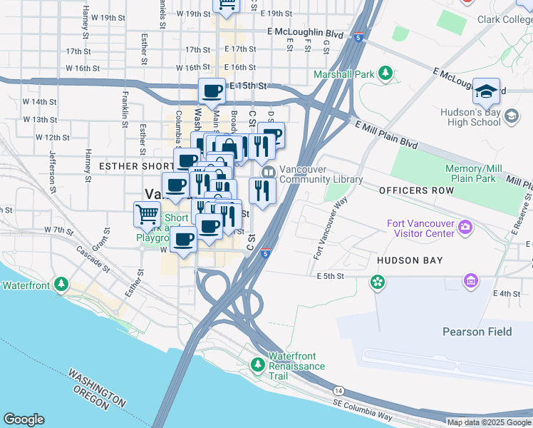 map of restaurants, bars, coffee shops, grocery stores, and more near 801 C Street in Vancouver