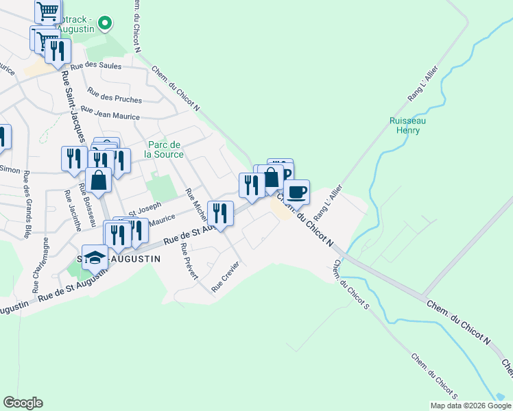 map of restaurants, bars, coffee shops, grocery stores, and more near 15592 Rue de Saint Augustin in Mirabel