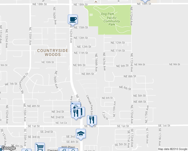 map of restaurants, bars, coffee shops, grocery stores, and more near 16500 Southeast 1st Street in Vancouver