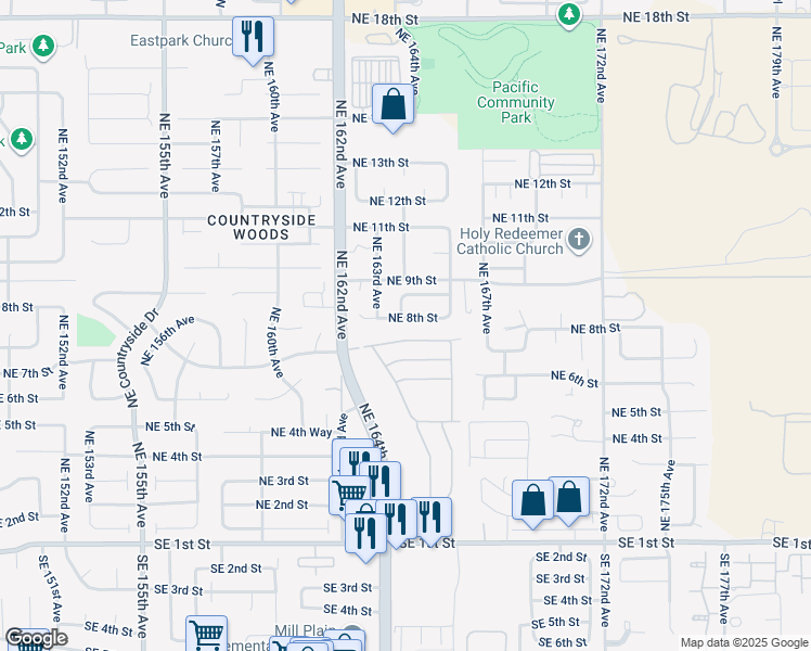 map of restaurants, bars, coffee shops, grocery stores, and more near 16500 Southeast 1st Street in Vancouver