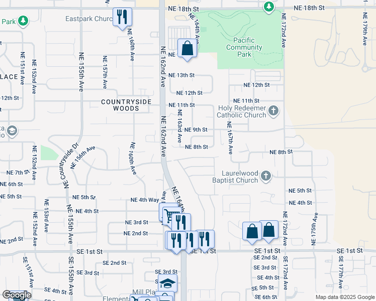 map of restaurants, bars, coffee shops, grocery stores, and more near 16500 Southeast 1st Street in Vancouver