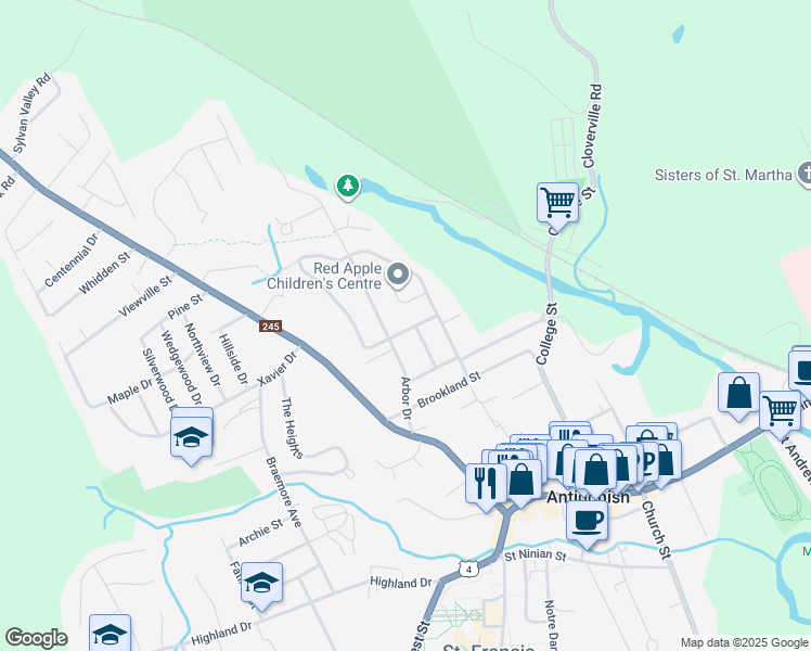 map of restaurants, bars, coffee shops, grocery stores, and more near 8 Scarboro Drive in Antigonish