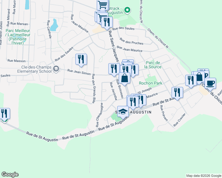 map of restaurants, bars, coffee shops, grocery stores, and more near 8150 Rue Jacinthe in Mirabel