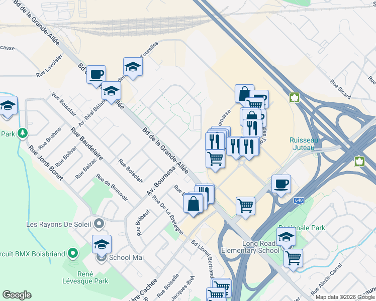 map of restaurants, bars, coffee shops, grocery stores, and more near 1000 Rue des Francs-Bourgeois in Boisbriand