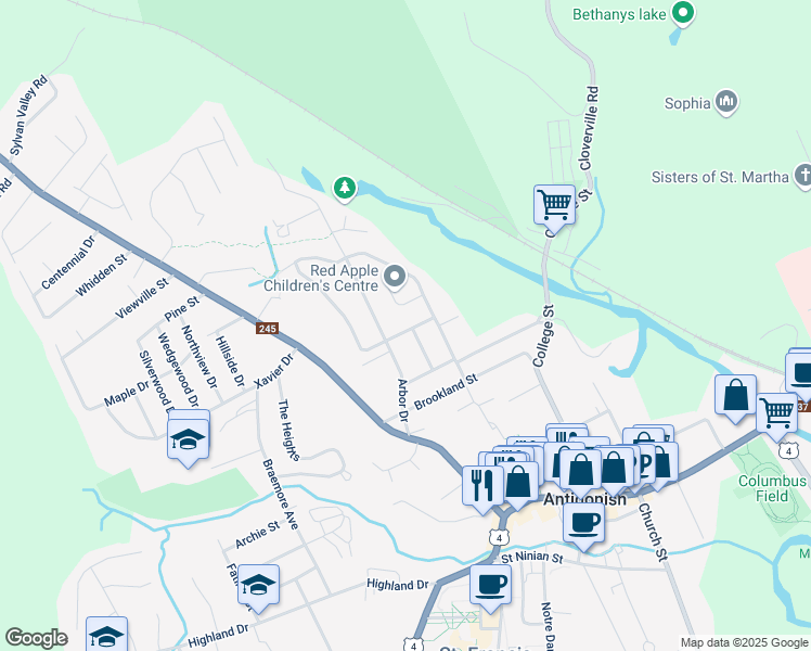 map of restaurants, bars, coffee shops, grocery stores, and more near 6 Scarboro Drive in Antigonish