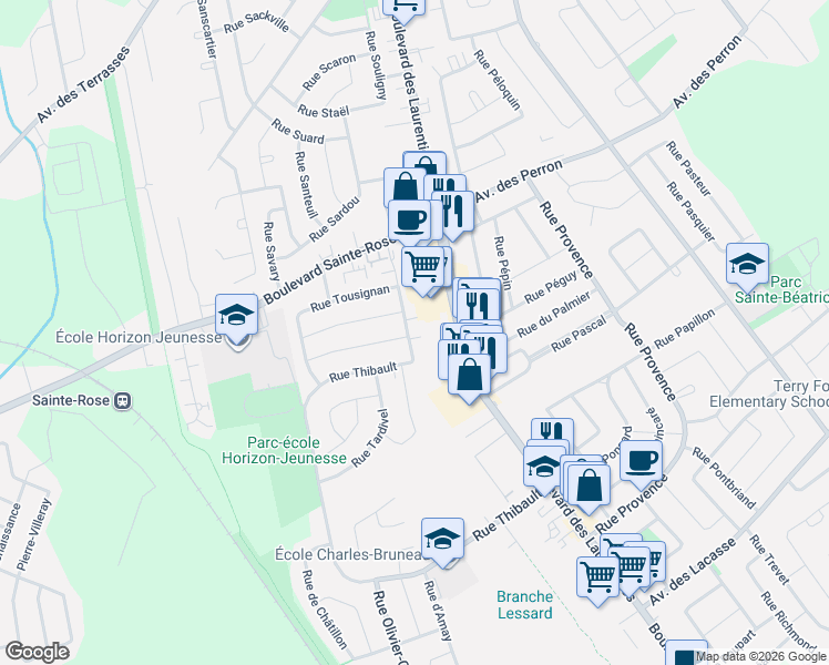 map of restaurants, bars, coffee shops, grocery stores, and more near 6002 Rue Tousignan in Laval