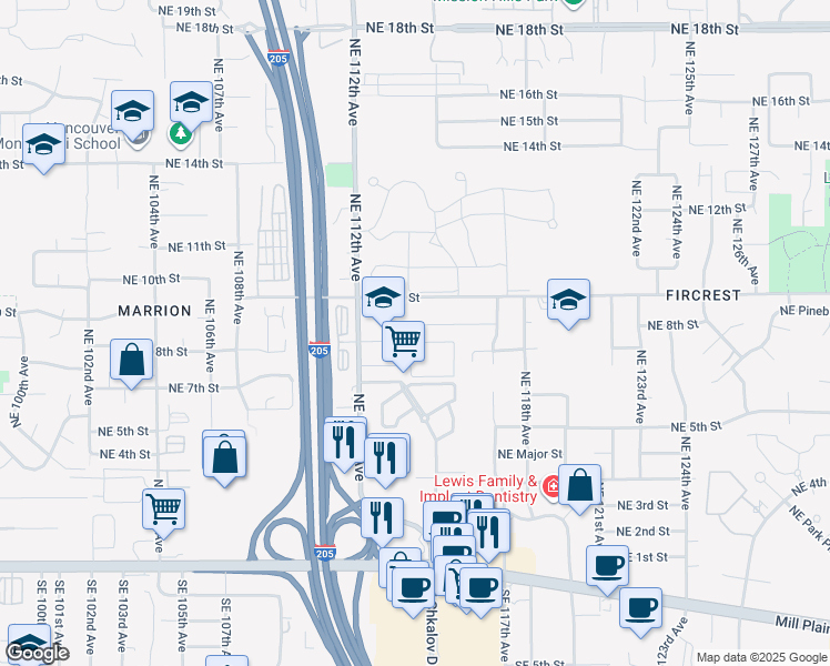 map of restaurants, bars, coffee shops, grocery stores, and more near 11411 Northeast 8th Street in Vancouver