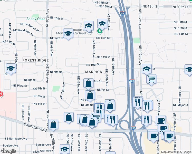 map of restaurants, bars, coffee shops, grocery stores, and more near 10502 Northeast 8th Street in Vancouver