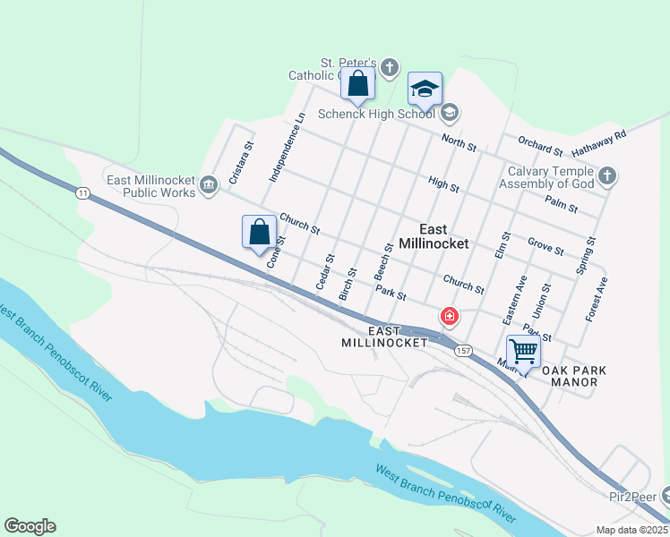 map of restaurants, bars, coffee shops, grocery stores, and more near 12 Birch Street in East Millinocket