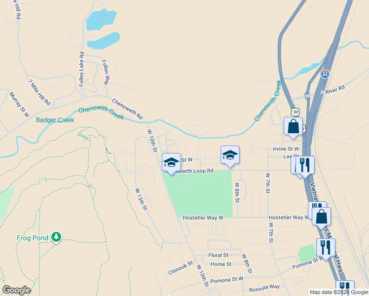 map of restaurants, bars, coffee shops, grocery stores, and more near 1043 Irvine Street West in The Dalles
