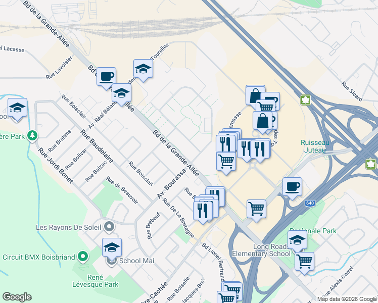 map of restaurants, bars, coffee shops, grocery stores, and more near 4750 Rue des Francs-Bourgeois in Boisbriand