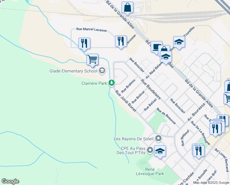 map of restaurants, bars, coffee shops, grocery stores, and more near 3543 Rue Jordi Bonet in Boisbriand