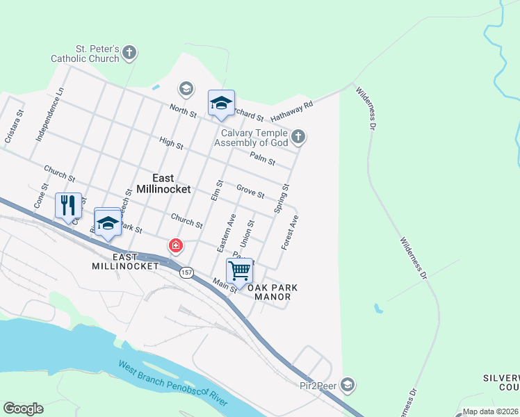 map of restaurants, bars, coffee shops, grocery stores, and more near 1 County Street in East Millinocket