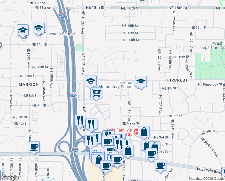map of restaurants, bars, coffee shops, grocery stores, and more near 11519 Northeast 8th Street in Vancouver