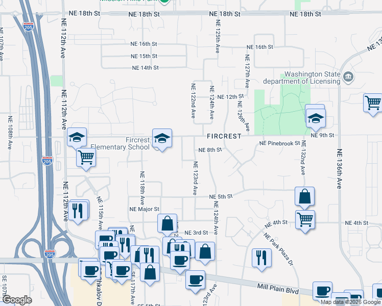 map of restaurants, bars, coffee shops, grocery stores, and more near 12204 Northeast 7th Street in Vancouver