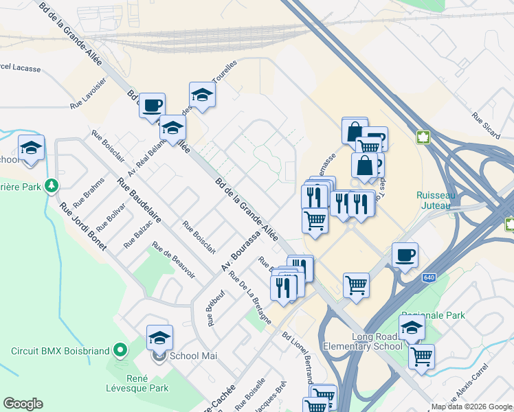 map of restaurants, bars, coffee shops, grocery stores, and more near 4670 Rue des Francs-Bourgeois in Boisbriand