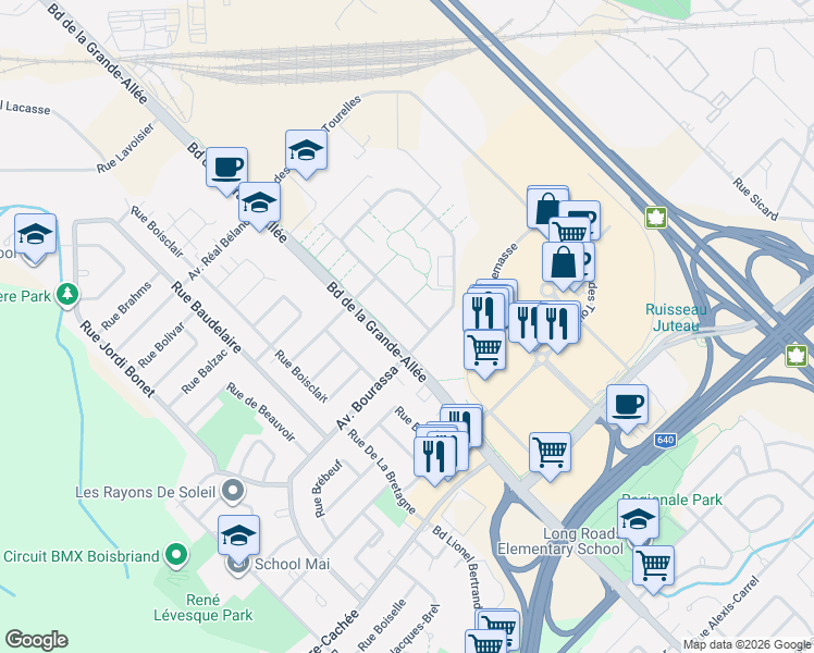 map of restaurants, bars, coffee shops, grocery stores, and more near 4740 Rue des Francs-Bourgeois in Boisbriand